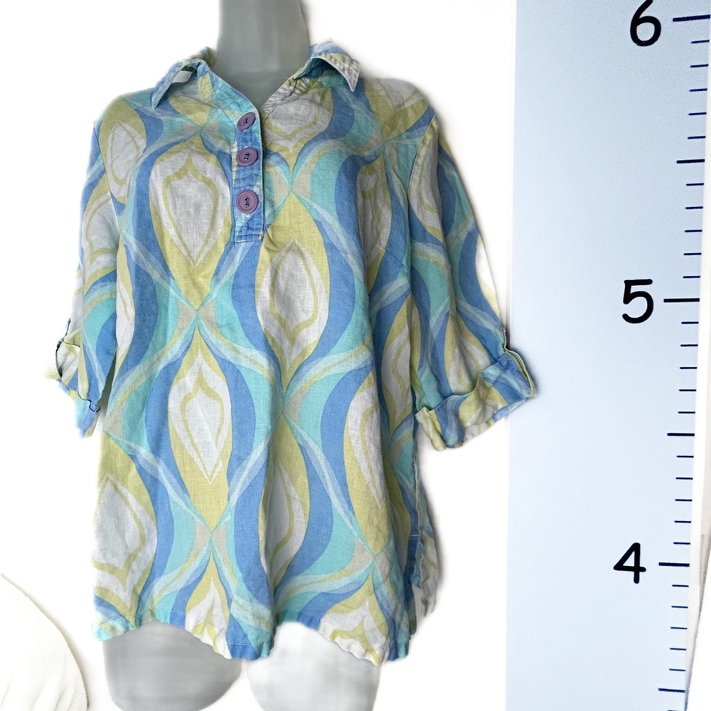 JM Collection Blue &‎ Yellow Graphic Linen Shirt 12P
